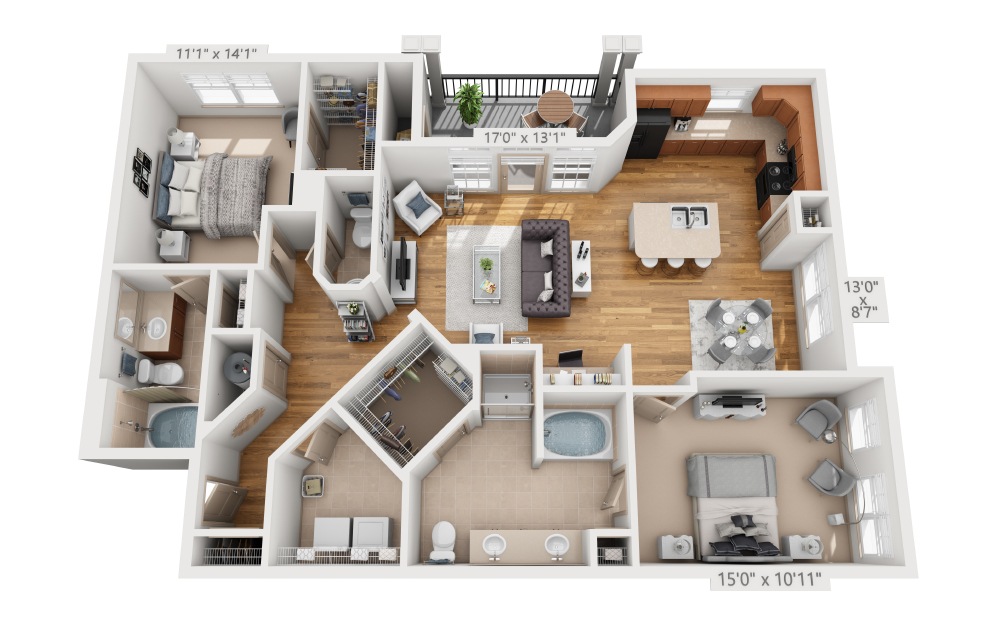 Fairbanks - 2 bedroom floorplan layout with 2.5 baths and 1350 square feet.