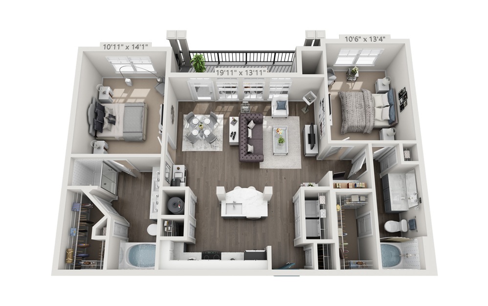 Claybank (Renovated) - 2 bedroom floorplan layout with 2 baths and 1123 square feet.