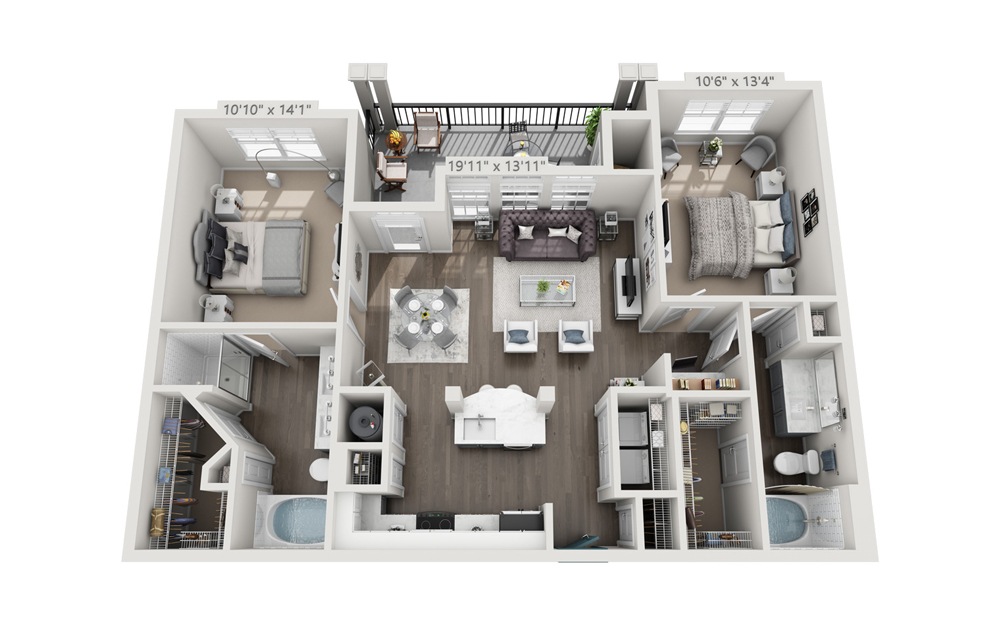 Clebb (Renovated) - 2 bedroom floorplan layout with 2 baths and 1117 square feet.
