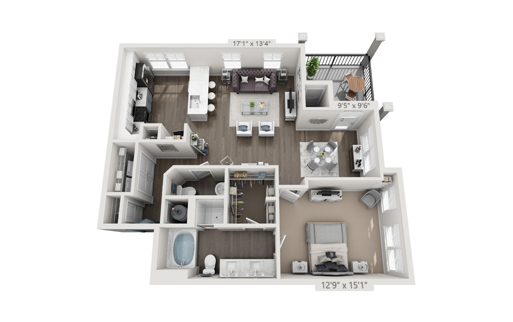 Clifton (Renovated) - 1 bedroom floorplan layout with 1.5 bath and 993 square feet.