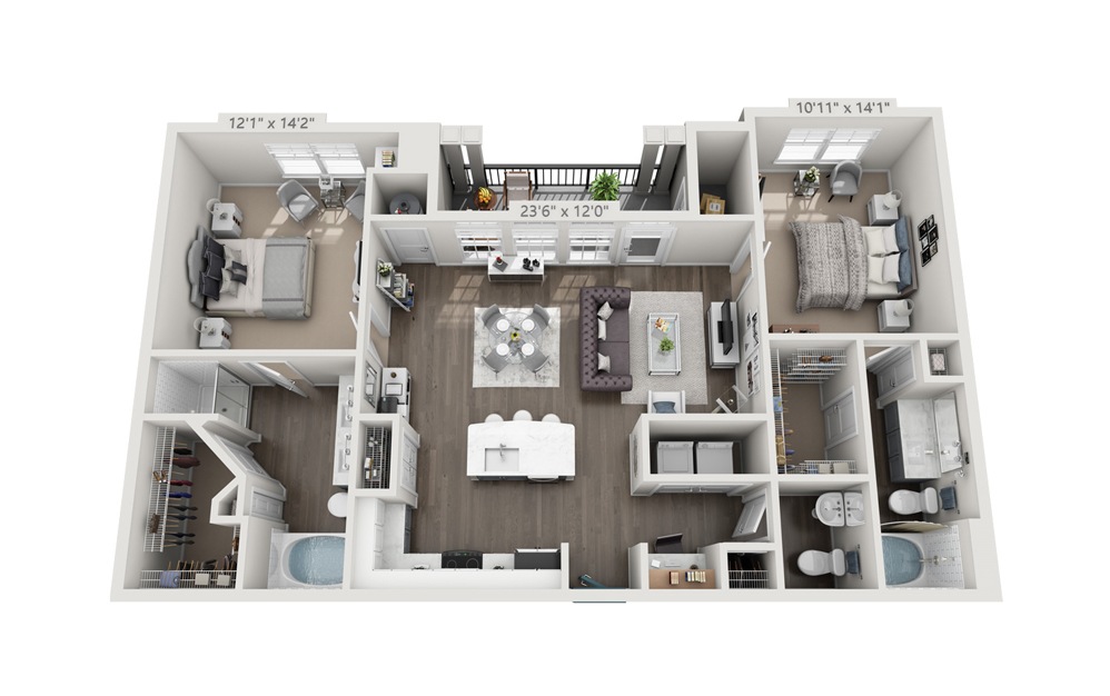 Corsada (Renovated) - 2 bedroom floorplan layout with 2.5 baths and 1238 square feet.