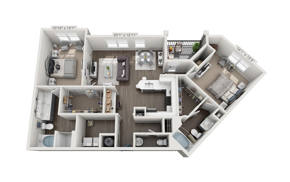 Hagan (Renovated) - 2 bedroom floorplan layout with 2.5 baths and 1326 square feet.