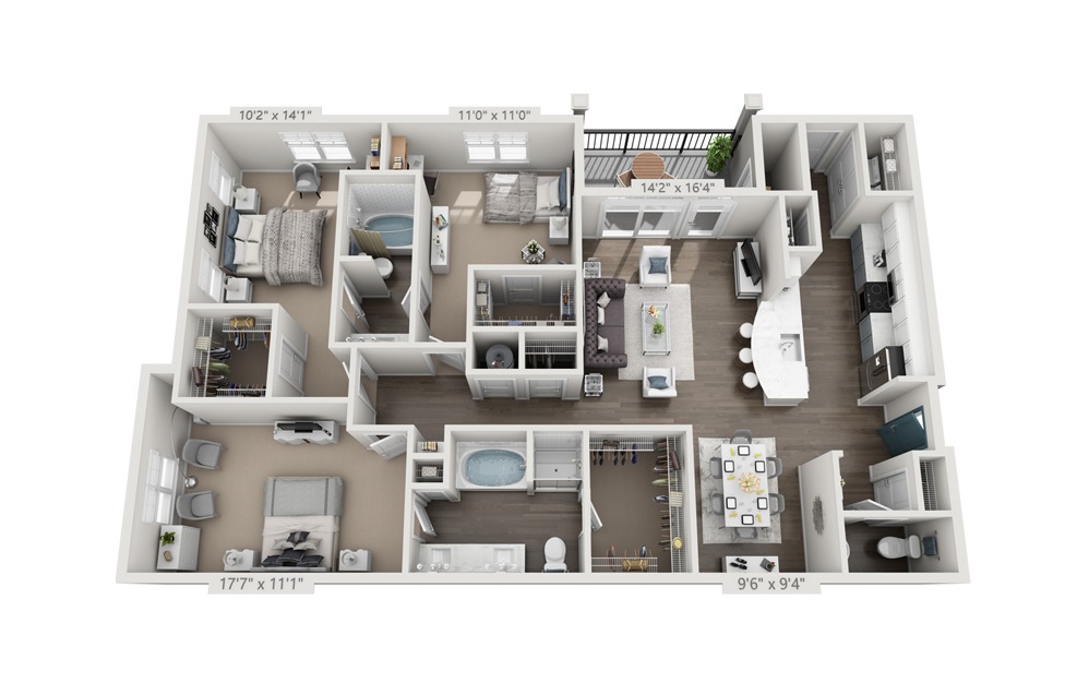 Jericho (Renovated) - 3 bedroom floorplan layout with 2.5 baths and 1601 square feet.