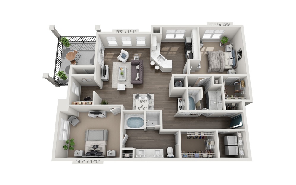 Rosemont (Renovated) - 2 bedroom floorplan layout with 2 baths and 1349 square feet.
